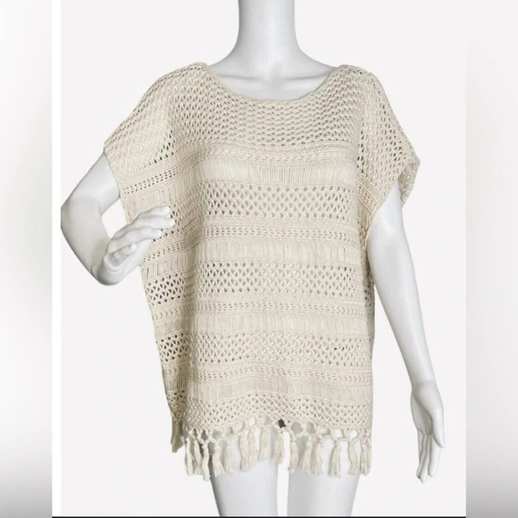 CHAPS Tribal Natural Cream Crochet Fringe Pullover Boho Sweater Size S/M Hippie - Picture 1 of 9